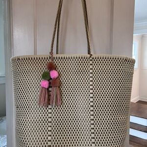 Woven Tote Bag with Pom Pom Charm
